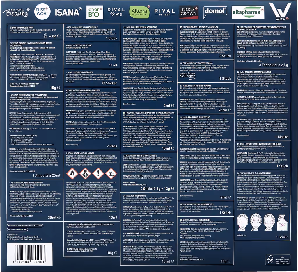 ROSSMANN Selfcare Kalender 2024 with the 24 pieces