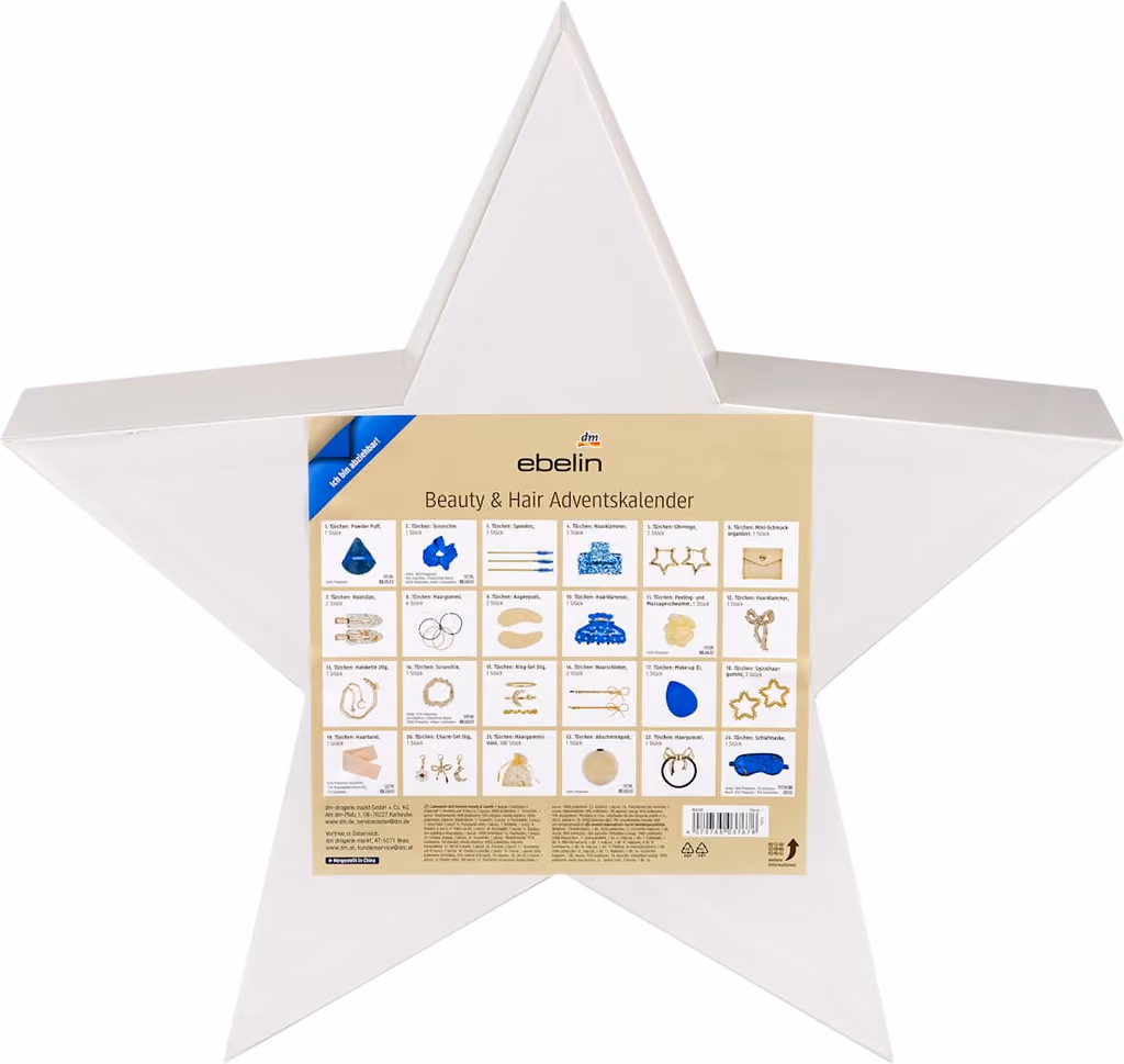 ebelin Beauty & Hair advent calendar 2026, the back panel with the 24 pictograms