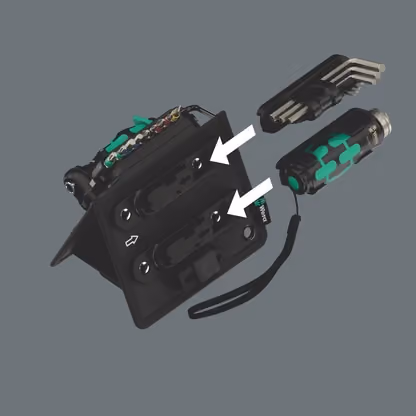 The four tool modules clipped onto the textile tool card, with the lamp and L-keys in place