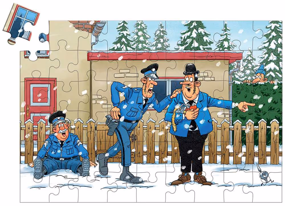 One finished 54 piece puzzle of two policemen by a snowy fence