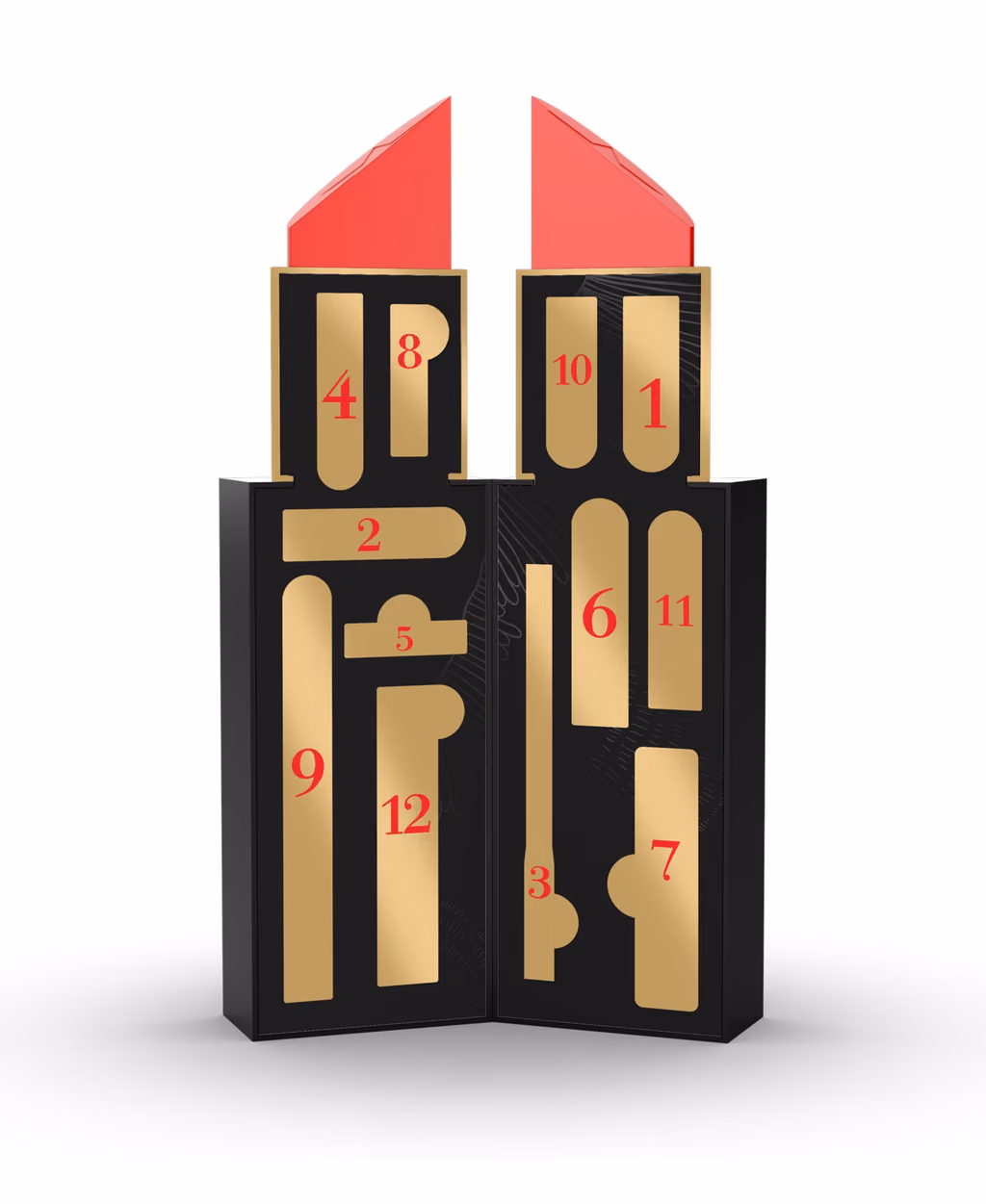 The lipstick-shaped box opened out on its twelve numbered doors