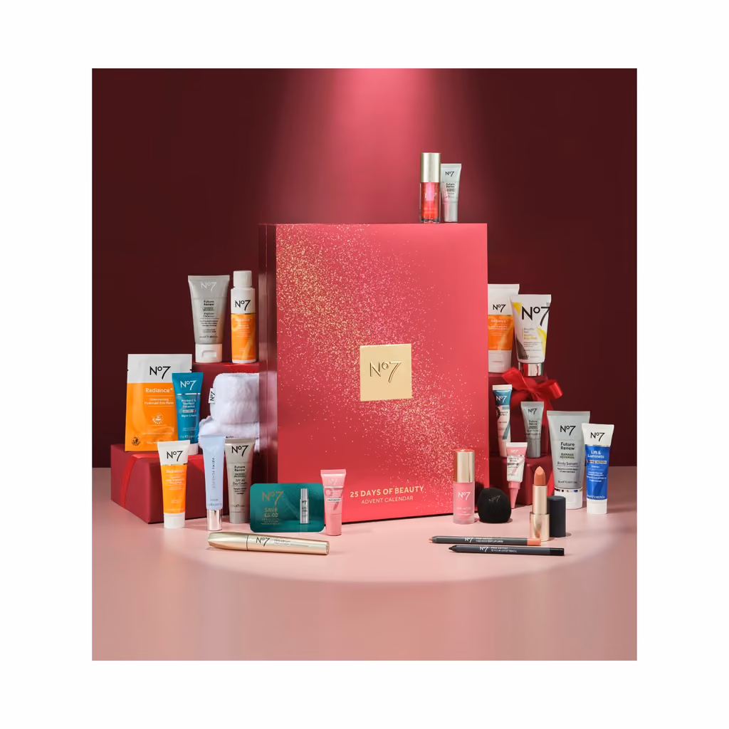 The No7 25 Days of Beauty box on a red set with its 24 products around it