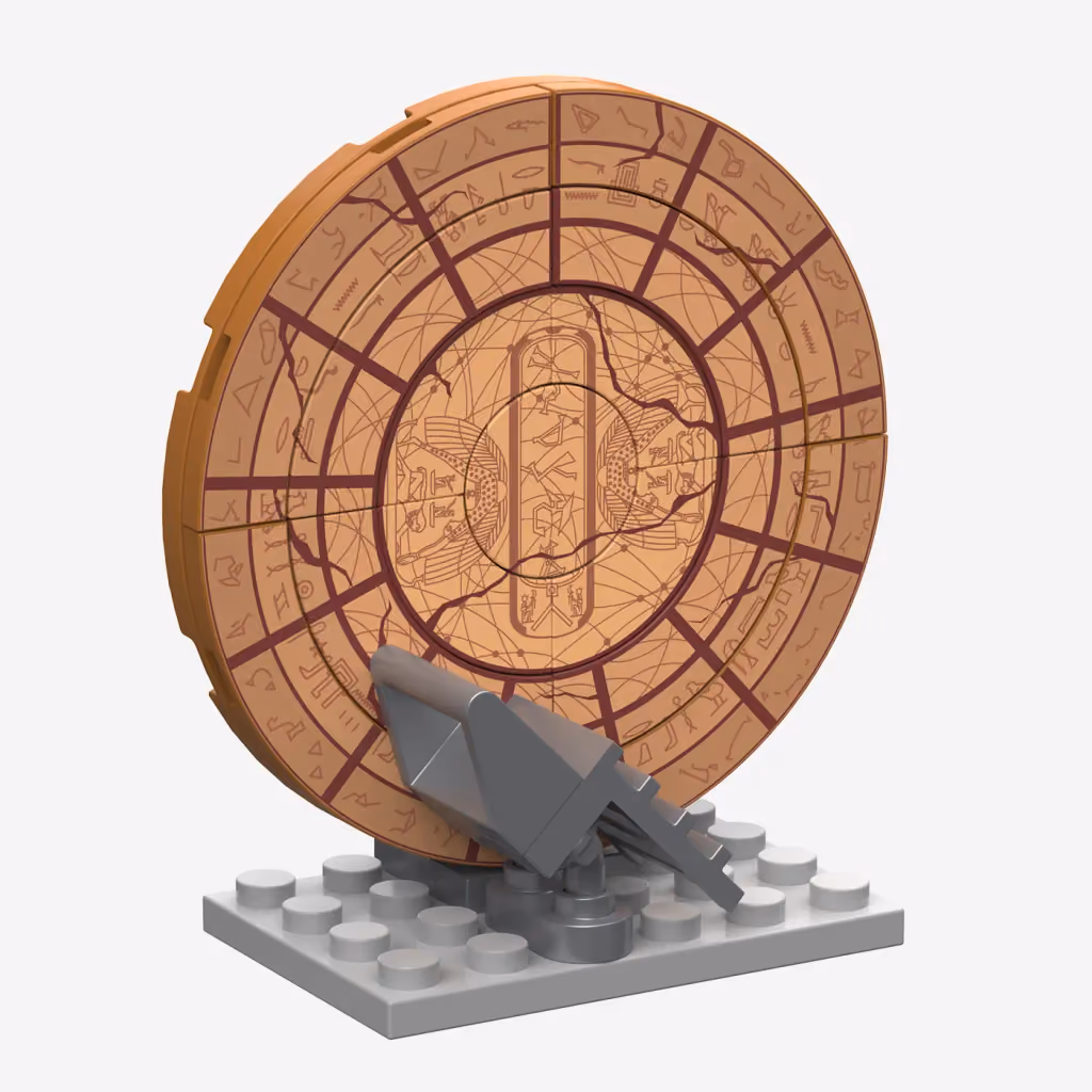The Stargate dial model on a grey brick stand