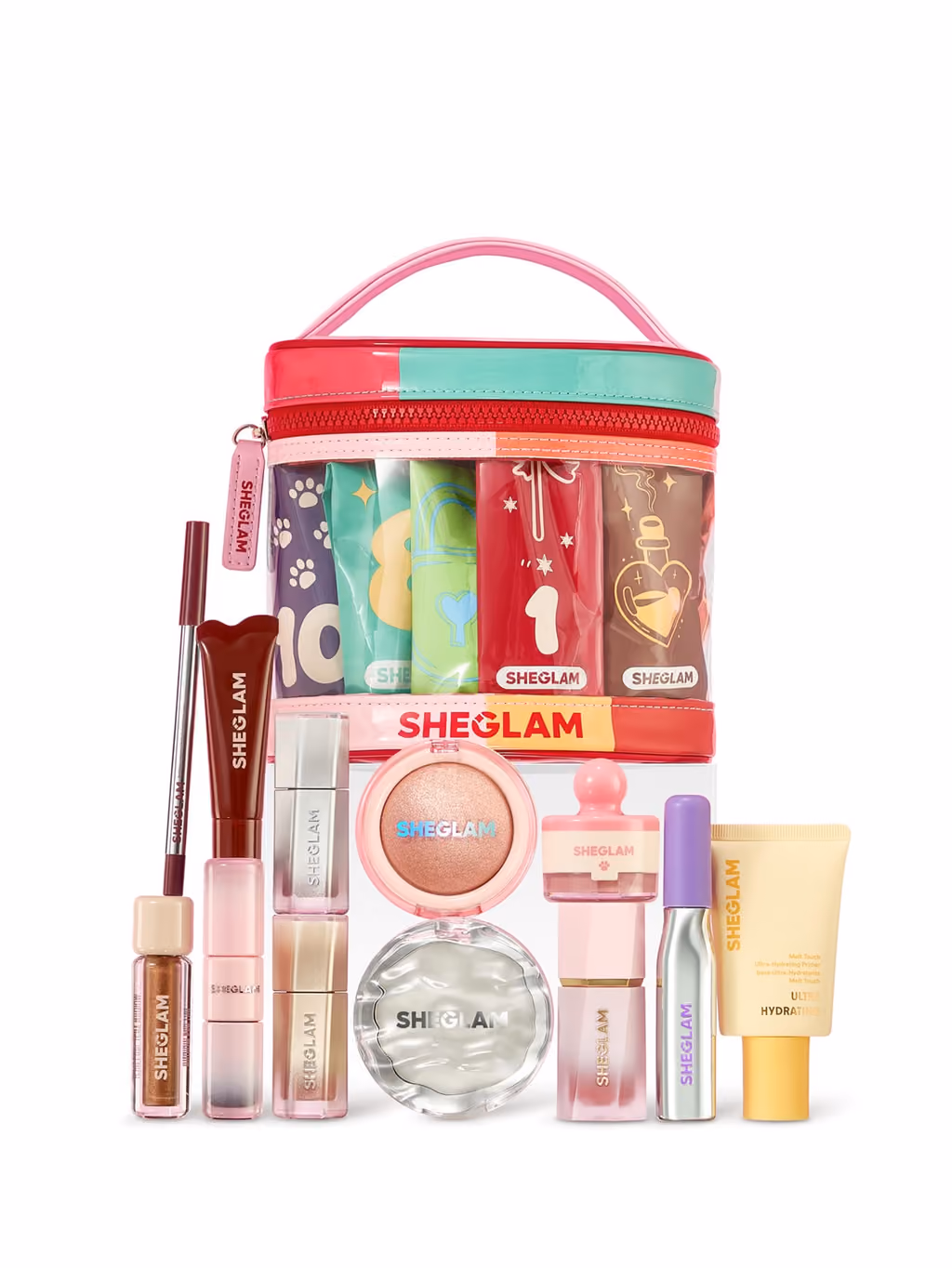 SHEGLAM's numbered panel naming all twelve products and shades