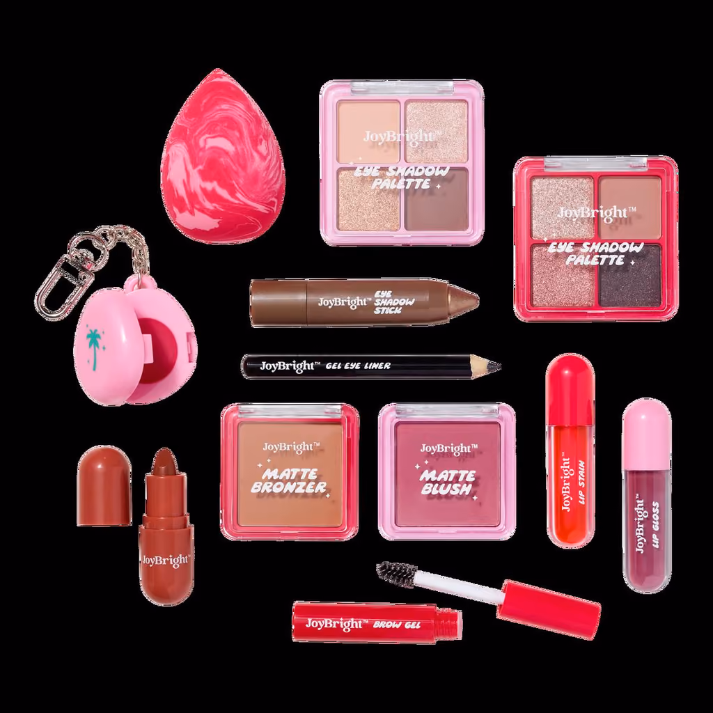 The twelve makeup pieces laid out