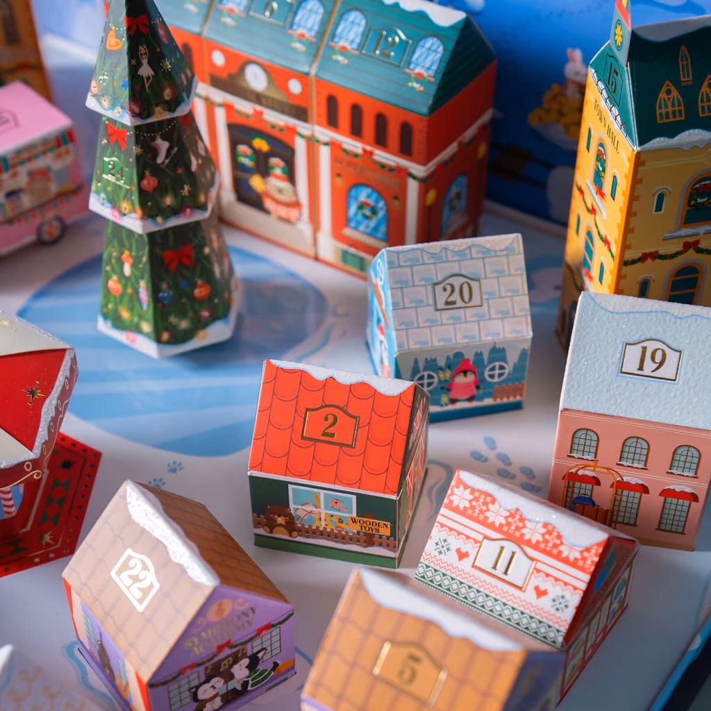 Numbered card houses with their doors closed