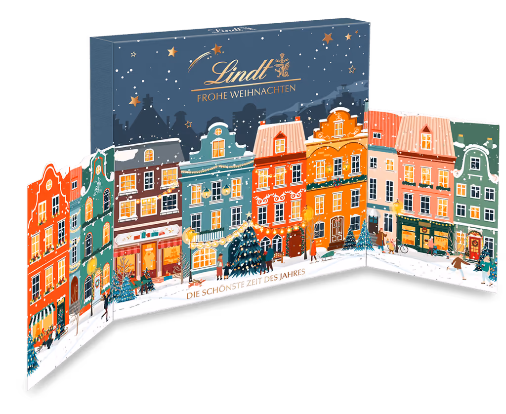 The Winterhäuser calendar folded open into a three-panel street of houses