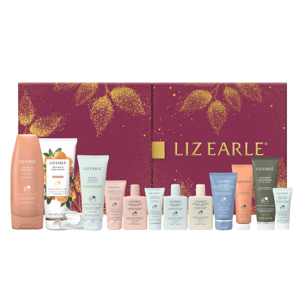 The 12 Days of Liz Earle box with its twelve products in front of it