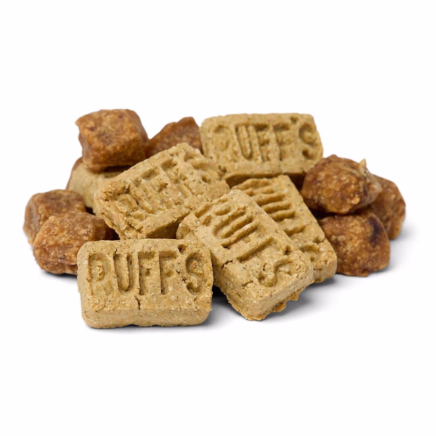 A pile of the Ruff's-stamped oat biscuits and the meat bites