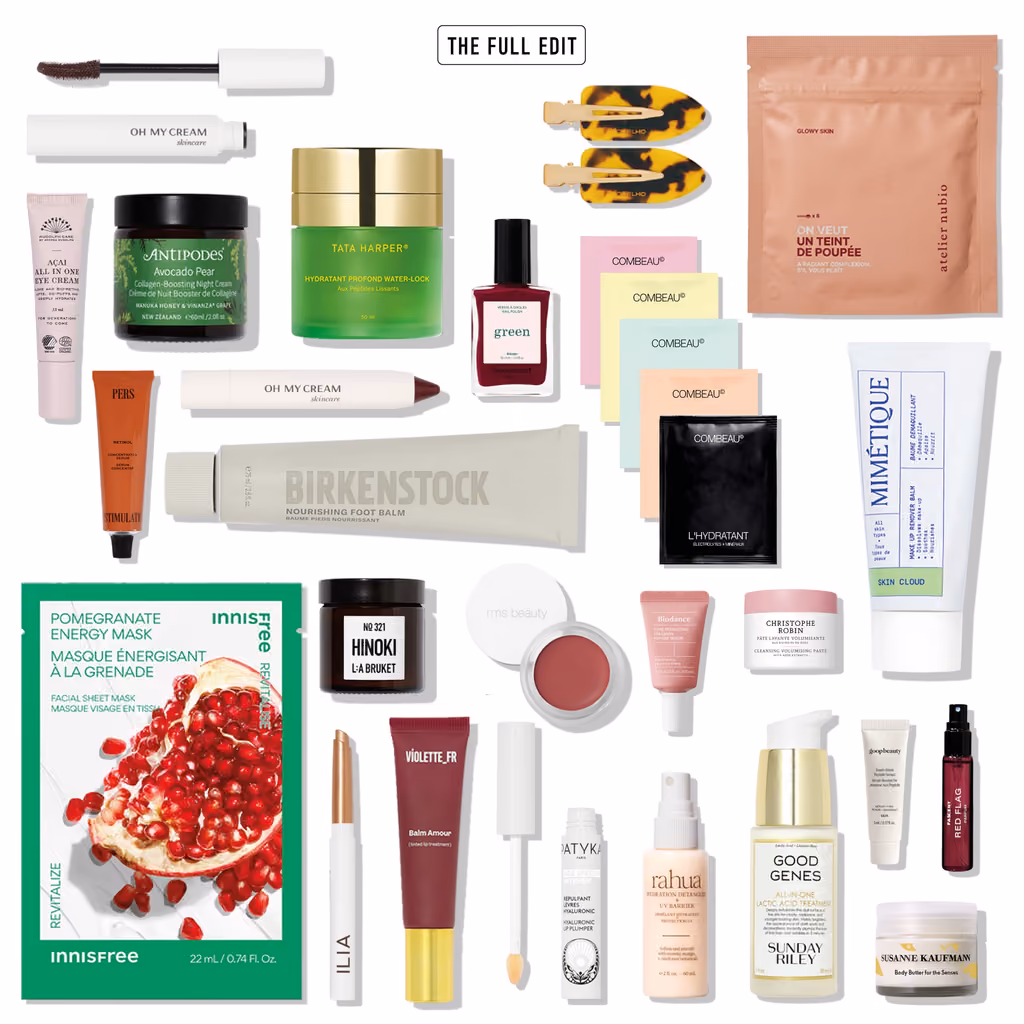 Oh My Cream’s "The Full Edit" sheet laying out all 25 products, from the Birkenstock foot balm and Tata Harper moisturiser to the Innisfree sheet mask and Manucurist polish