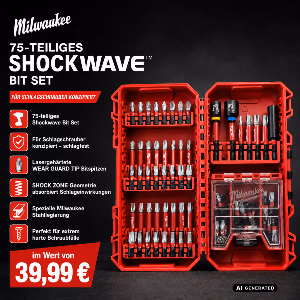 The Milwaukee SHOCKWAVE 75-piece bit set open in its red case