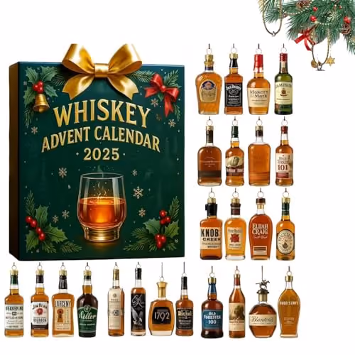 The green Whiskey Advent Calendar 2025 box with its 24 miniature bottle replicas arranged around it