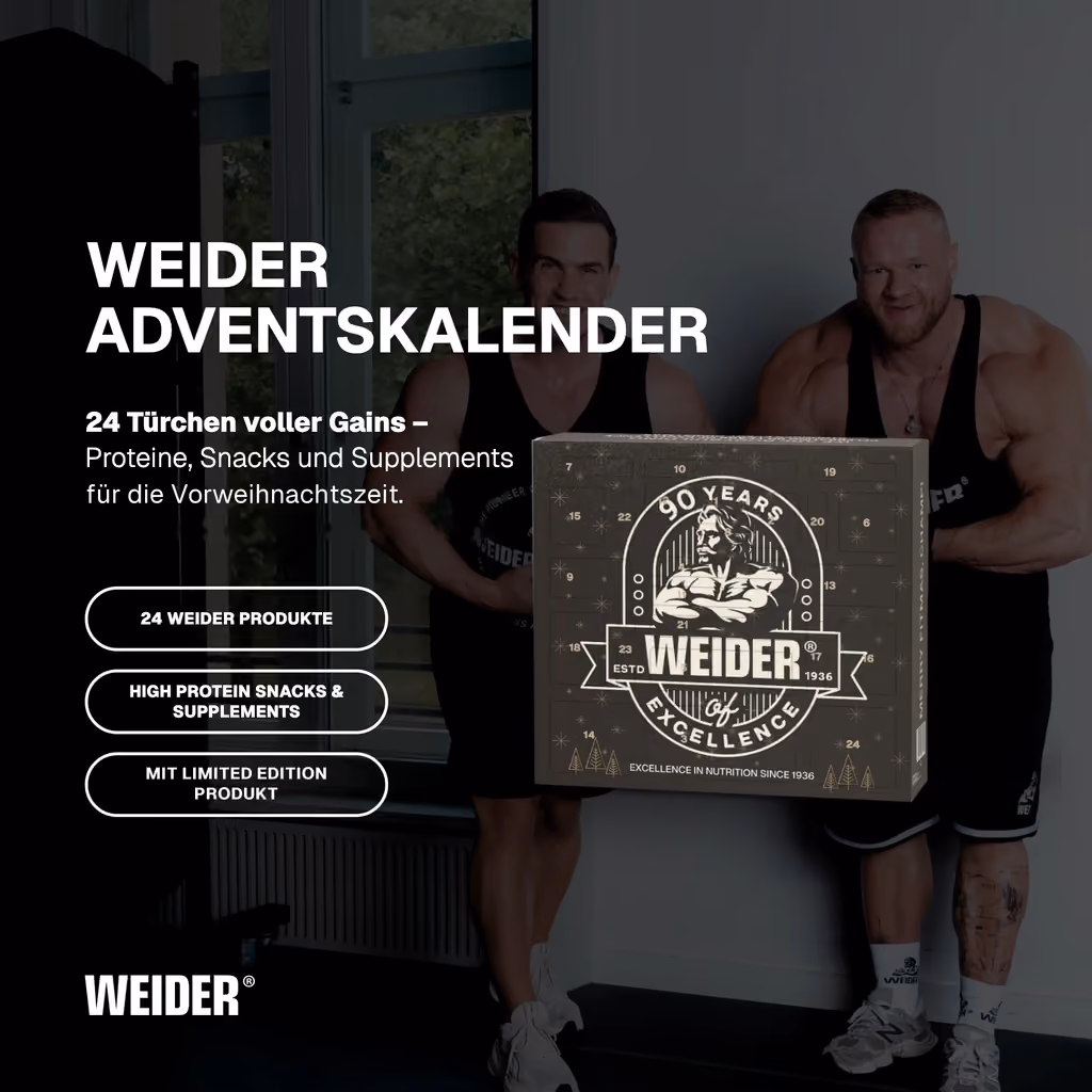 Two athletes in a gym holding the closed Weider box