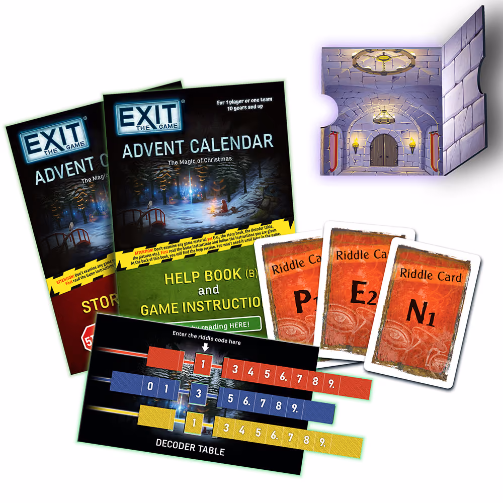 The story book, help book, three riddle cards, the decoder table and a folded paper room