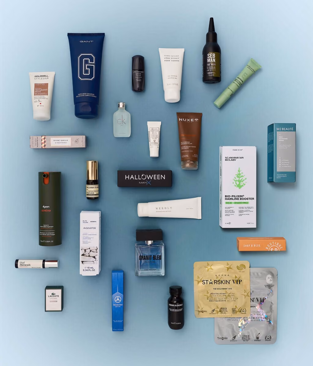 All 25 products from the flaconi 24 Love Brands Men's Edition 2026 laid out flat