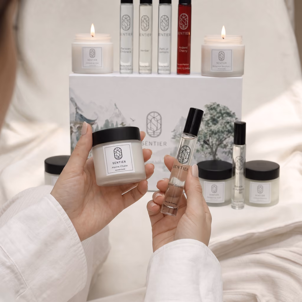 Hands holding a 60 g candle and a 10 ml spray in front of the box