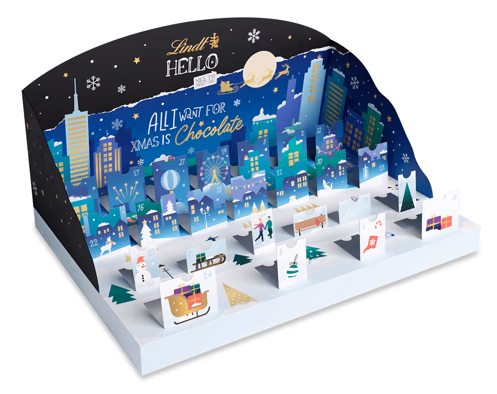 The HELLO Pop Up calendar opened into its 3D city skyline