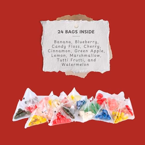 The 24 bags of Jelly Belly beans from the calendar, with the flavour list
