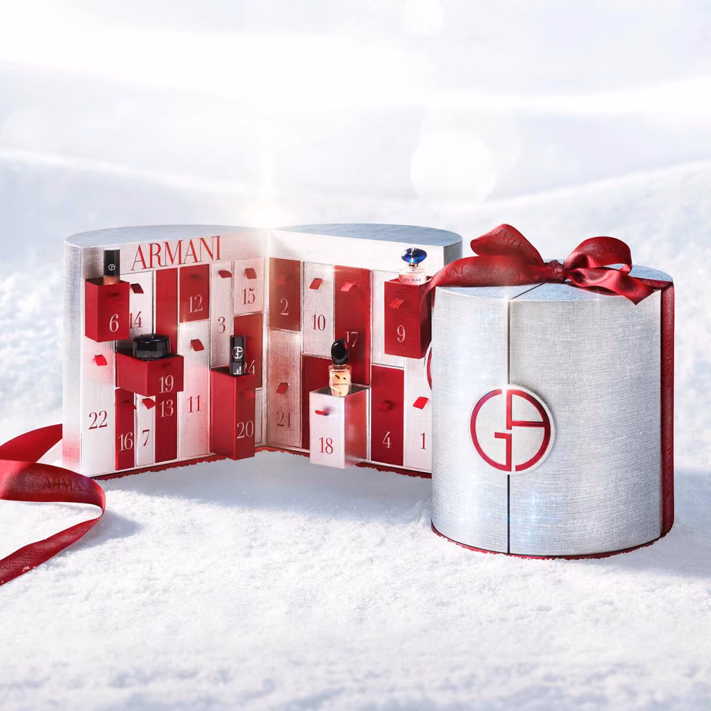 The Armani Beauty 2026 calendar with its drawers and products