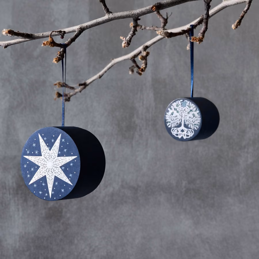 Two of the ornament boxes hanging from a bare branch
