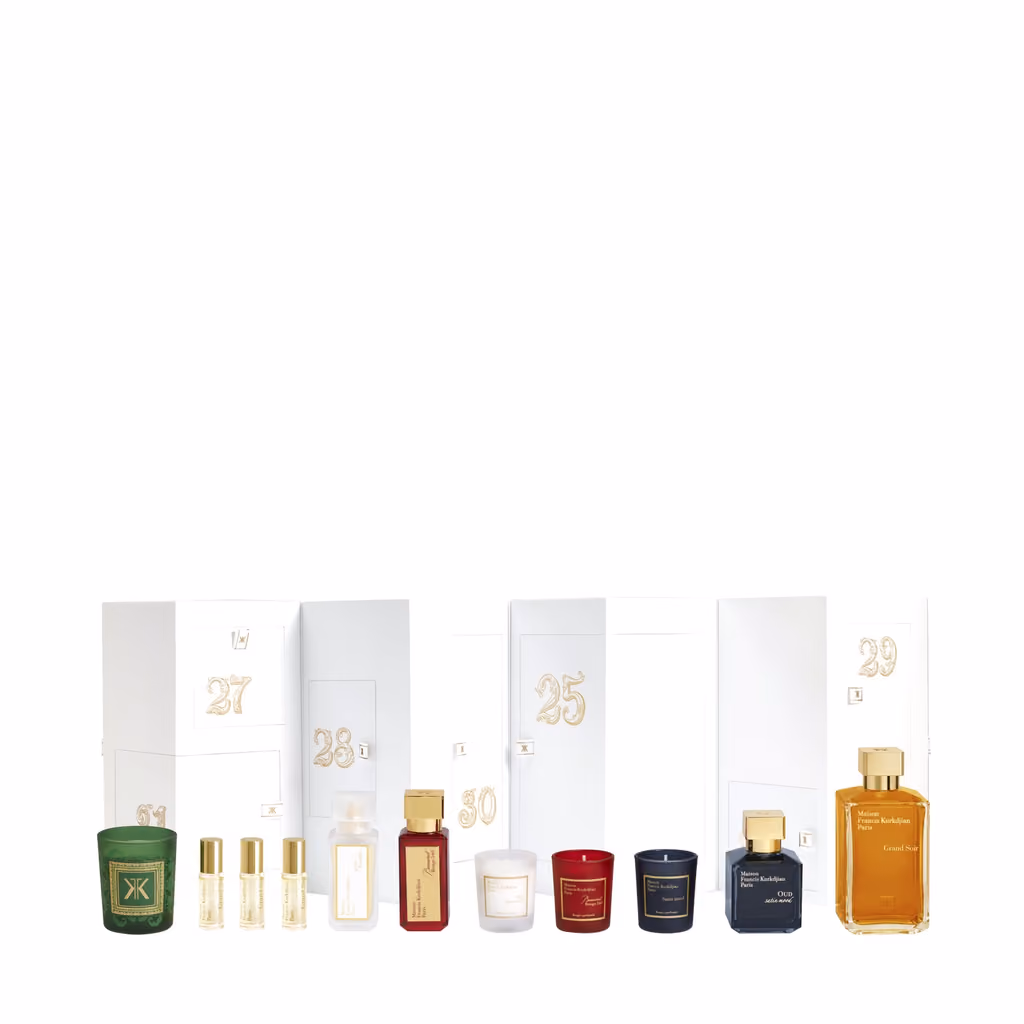 The calendar opened out, cases numbered 25 to 31, with the bottles and candles in front