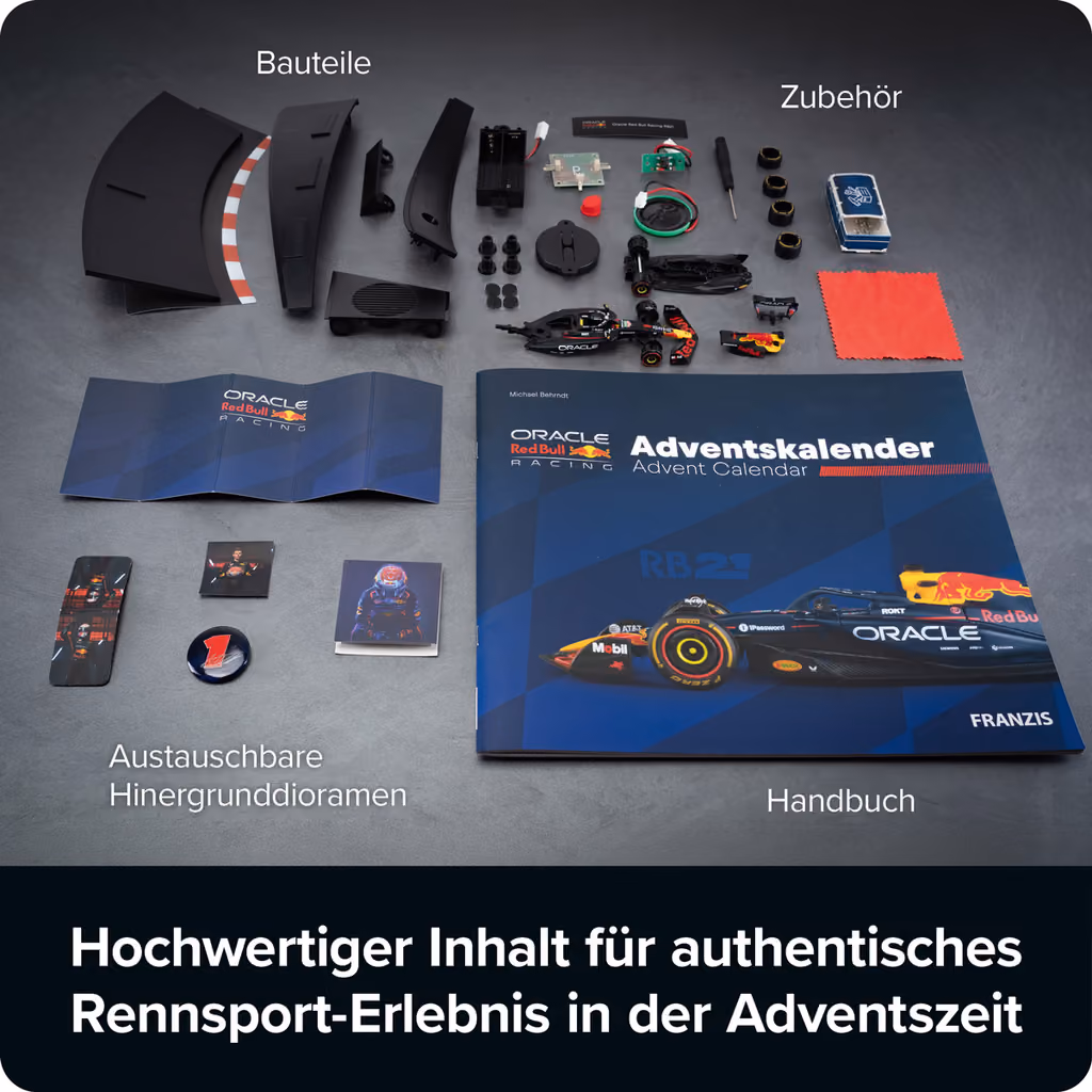The unpacked parts, accessories, backdrops and handbook spread out on a table