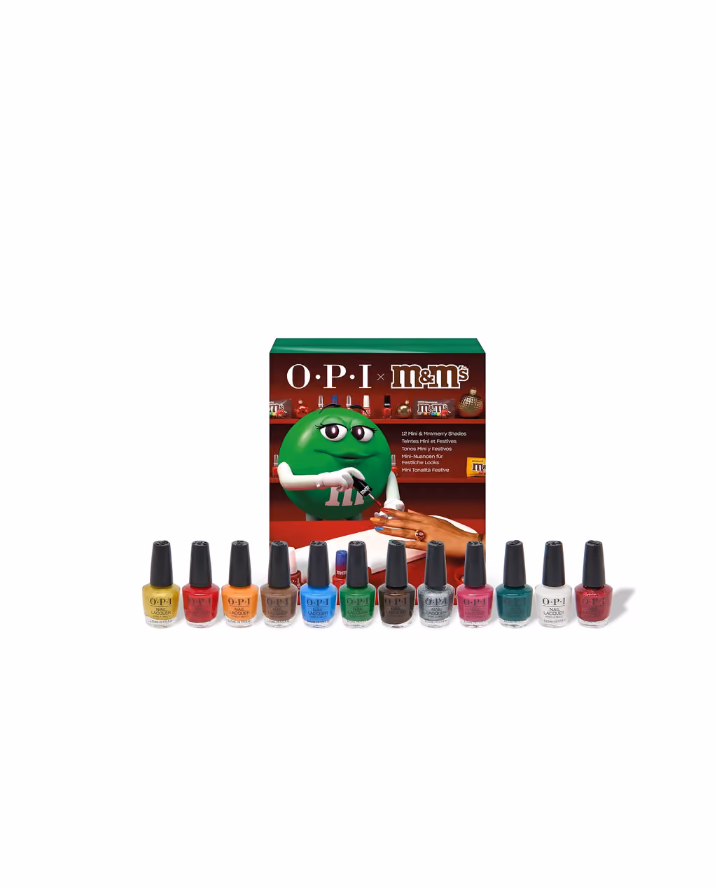 The box with all twelve mini lacquers lined up in front of it