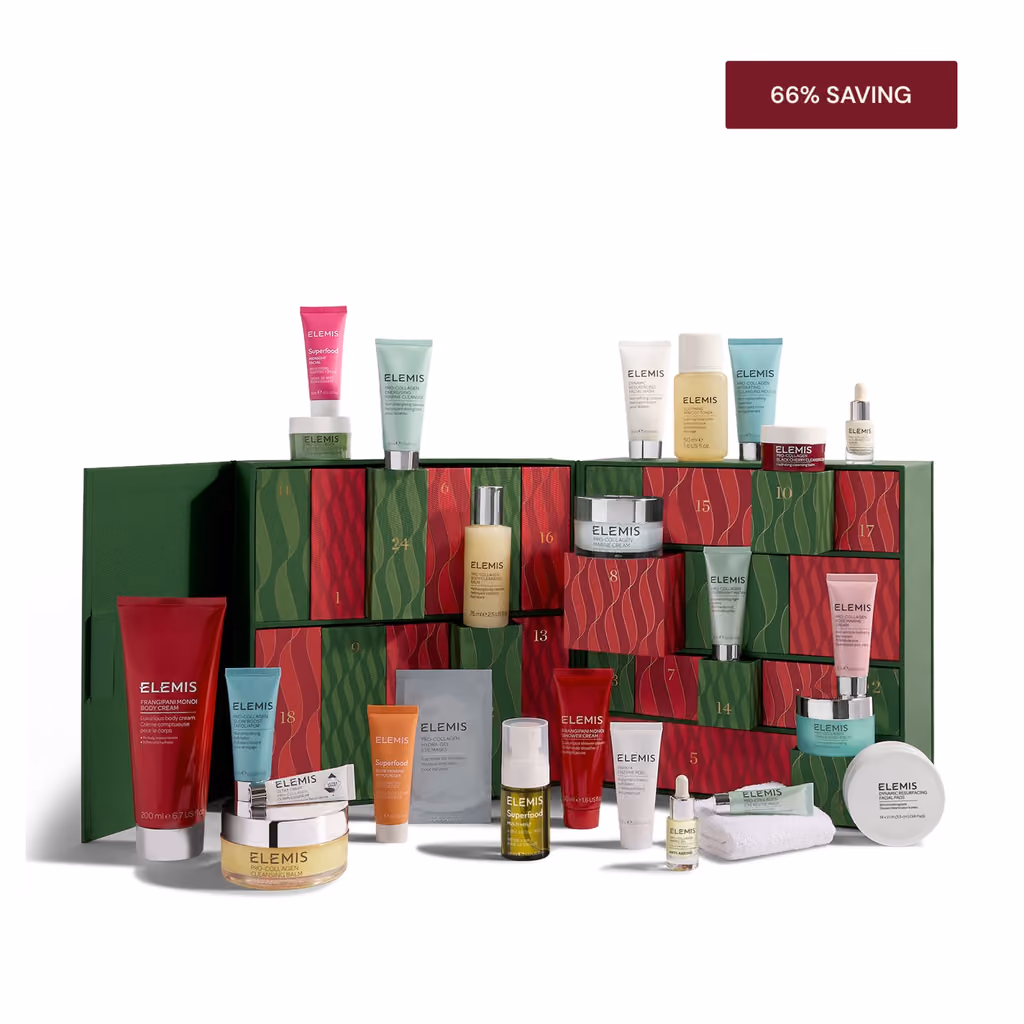 The open Elemis box with the 25 products arranged in front of it