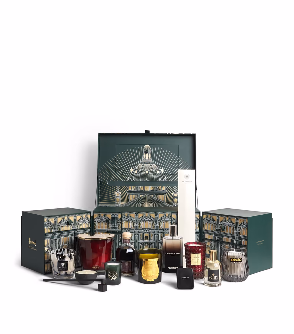 The Harrods 12 Days of Home Fragrance calendar with its candles and diffusers