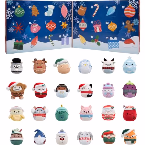 The 2026 Micromallows calendar open, with all 24 holiday Micromallows laid out beneath its doors