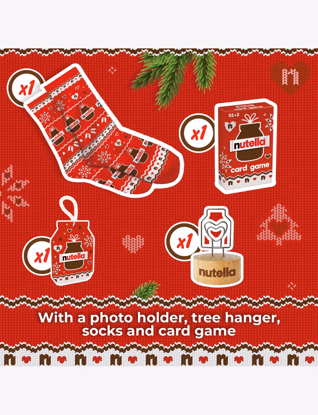The four keepsakes: socks, card game, tree hanger and photo holder