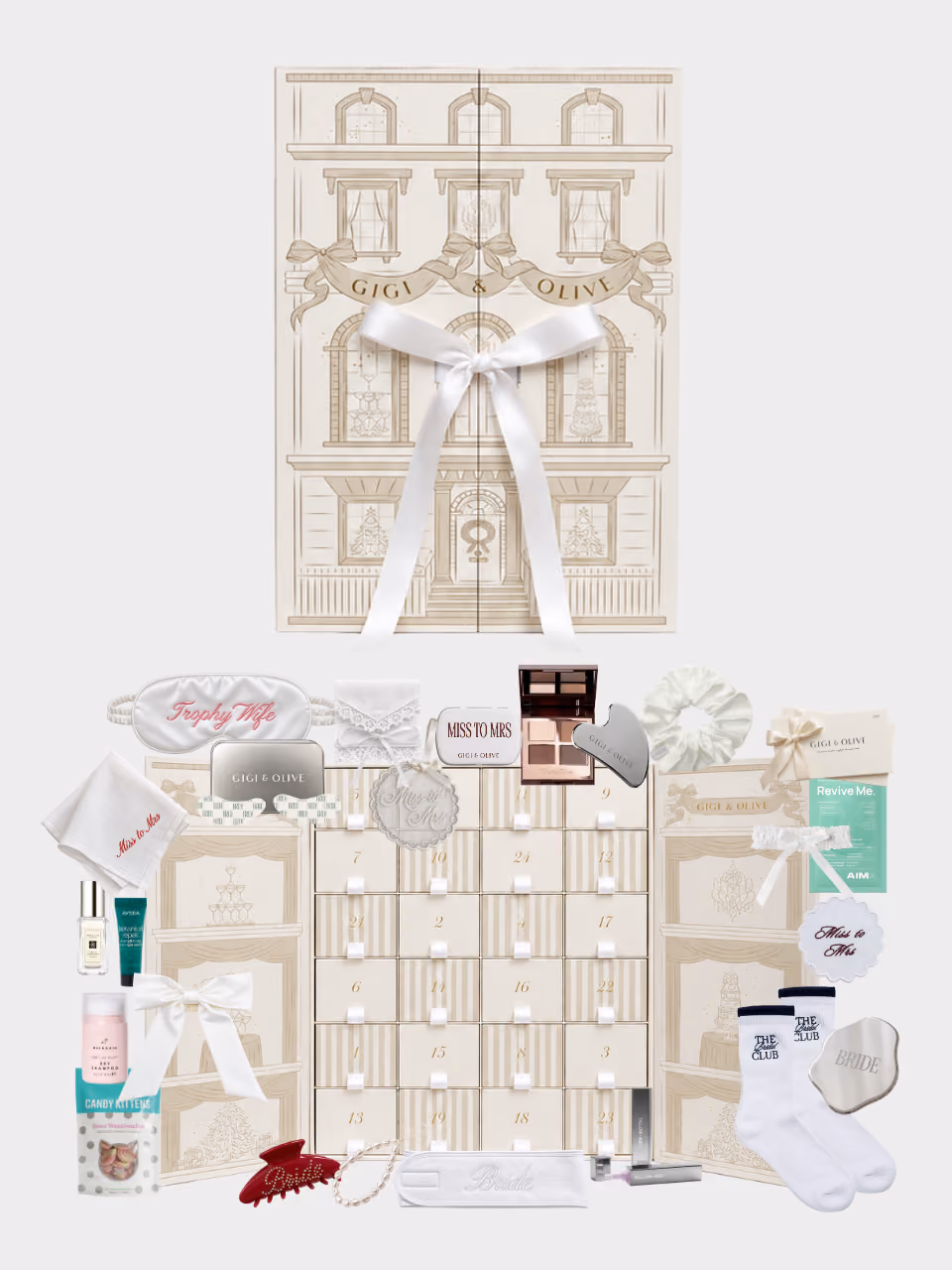 The Gigi & Olive bridal calendar with its 24 items laid out in front of it