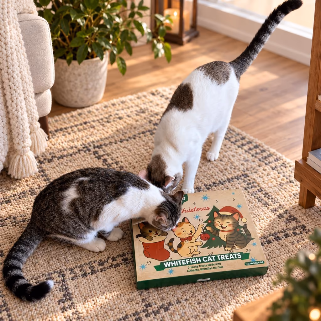 Two cats nosing at the calendar on a rug