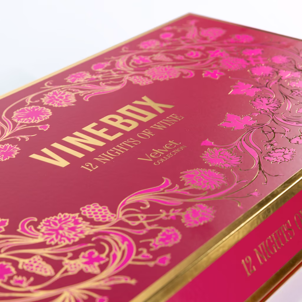 Close-up of the gold-foiled Velvet Collection lid