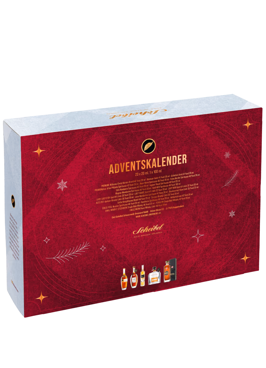 The back of the box, printed Adventskalender above a row of bottles