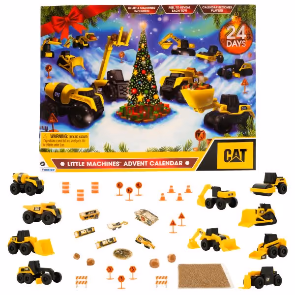 The box with ten yellow vehicles, rocks, signs and sand laid out below