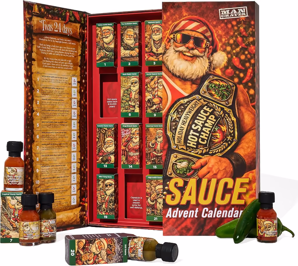 The box open on its 24 little cartons, a few bottles and chillies in front