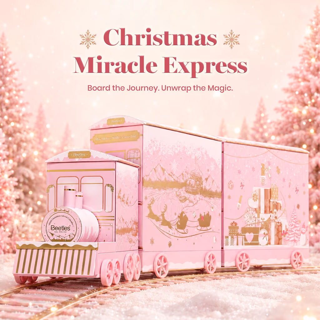 The pink Christmas Miracle Express train on a track under the title