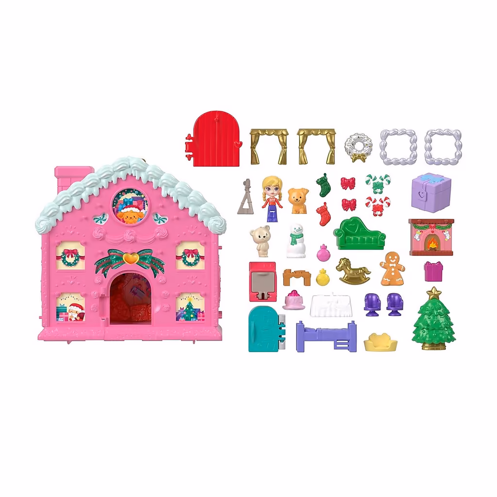 The gingerbread compact beside every accessory from the calendar laid out