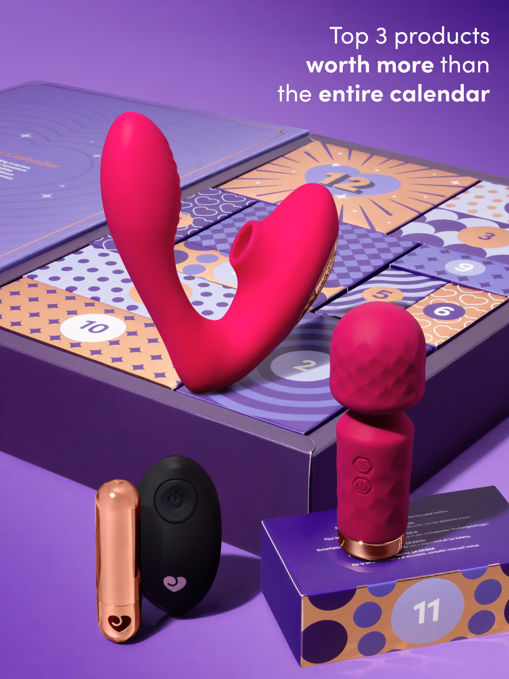 The Indulge stimulator, mini wand and remote bullet on the open purple drawers