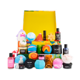 Lush Advent Calendar 2024 open, the products in front