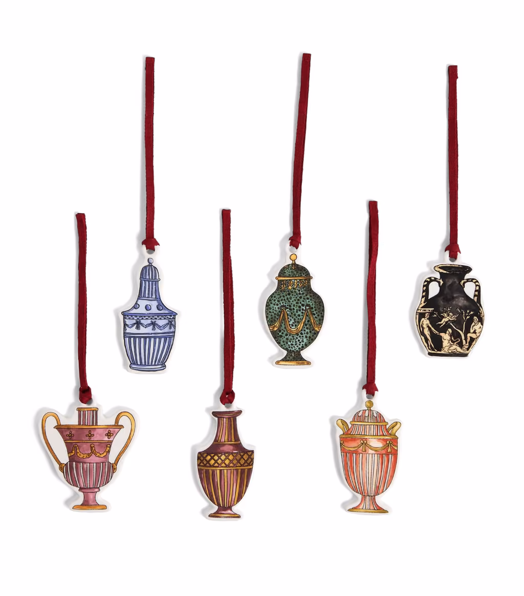 Six bone china urn and vase ornaments on burgundy ribbons