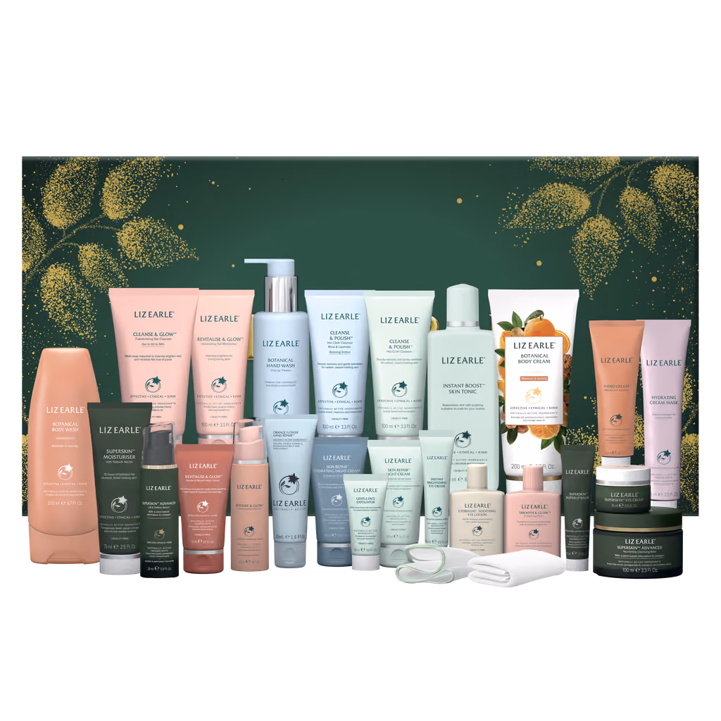 The 24 Days of Liz Earle box with the 24 products standing in front of it