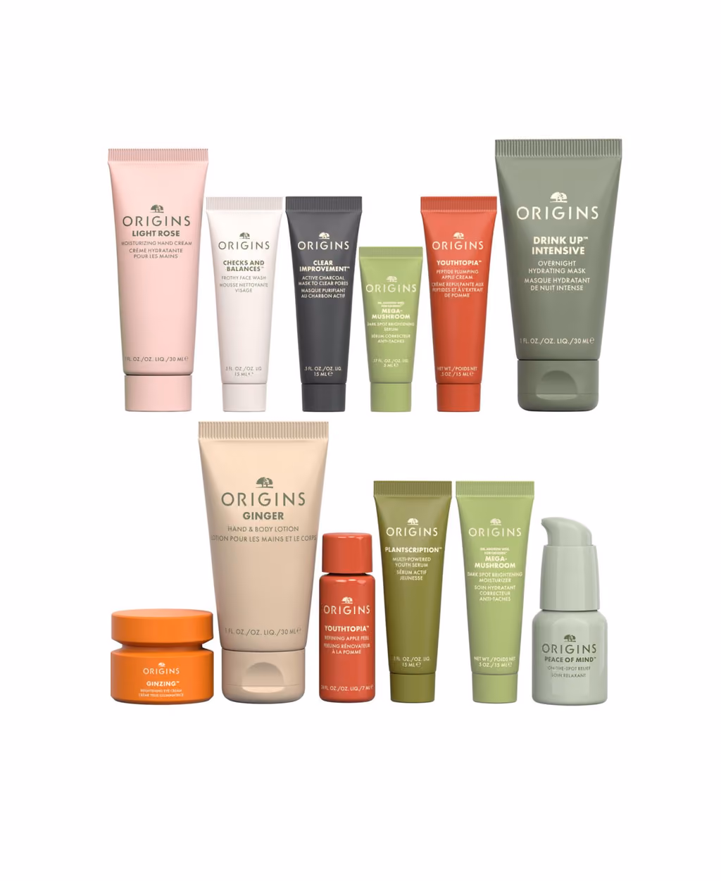 The twelve Origins products laid out on white