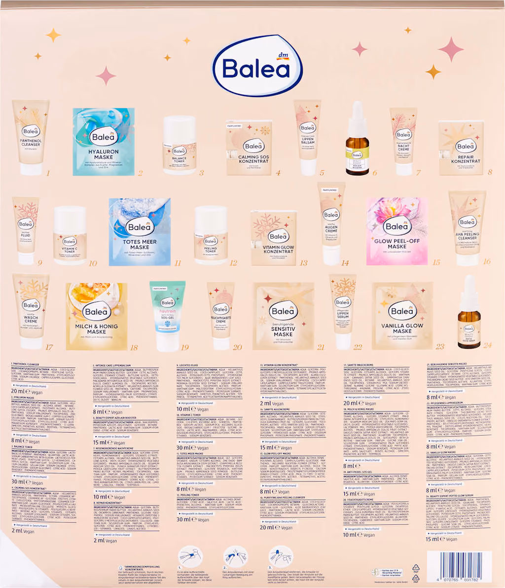 The back of the box with the 24 face products printed door by door