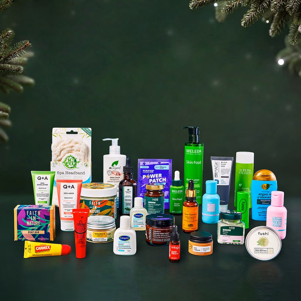 All 28 products from the Holland & Barrett 2026 calendar lined up in front of the box