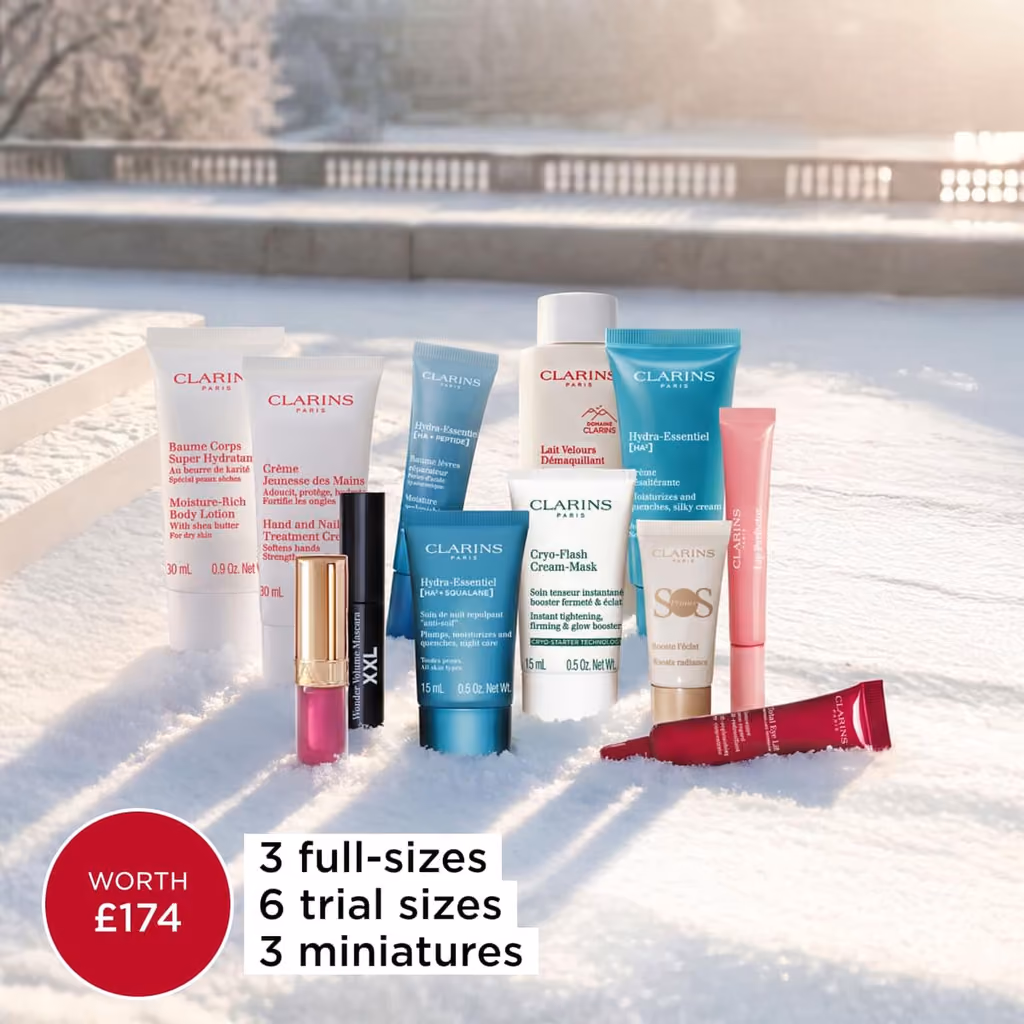 The twelve products standing in the snow, three full sizes among them