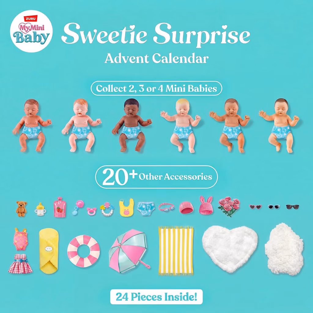 Six mini babies and the accessories shown on a turquoise panel