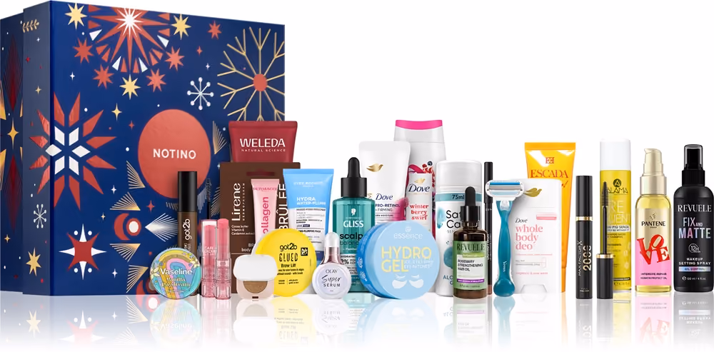 All 24 products standing in front of the navy star-print box