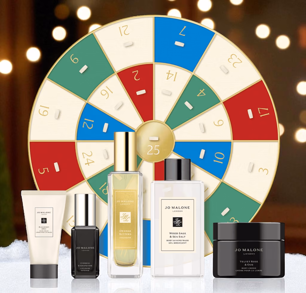 The Jo Malone London 2025 dartboard box with its 25 pieces in front